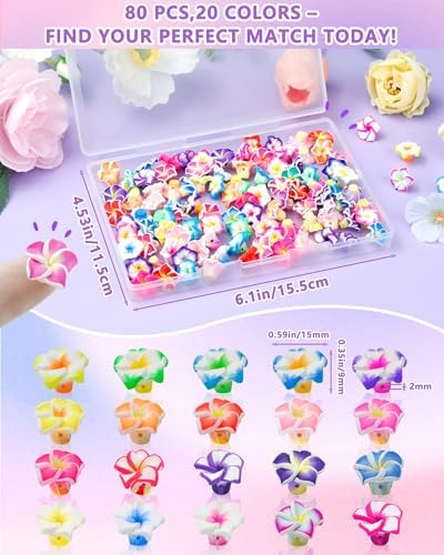 FIVEIZERO Flower Charms, 80PCS Clay Plumeria Flower Beads, 20 Colors - Image 2