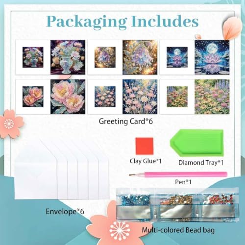 Artiphile DIY Pearl Art Painting Greeting Card Set Crafts Decor 6-Piece Foldable Cards Kit with Envelopes and Tools for Holiday Wishes Adult Crafting Project-Flowers - Image 4
