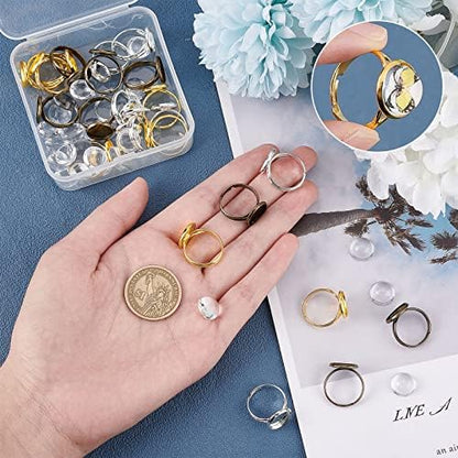 SUNNYCLUE DIY 1 Box 60Pcs Adjustable Ring Base Cabochon Rings Making Kit 30Pcs Finger Rings Blanks Blank Ring Bases Tray 30Pcs 12mm Flat Round Glass Cabochons for Jewelry Making Kits Crafts Supplies - Image 2