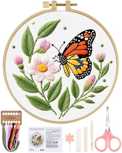ERKOON Embroidery Kit for Beginners Adult, Flower Cross Stitch Set Include Embroidery Cloth Hoops Threads for Craft Lover Hand Stitch with Embroidery Skill Techniques (Butterfly) by ERKOON