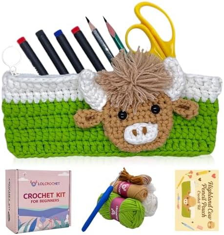 Highland Cow Crochet Kit for Beginners, Learn to Crochet Pencil Bag Starter Set with Video Tutorial & Crocheting Manual, Easy Yarn Knitting Kit for Adult, DIY Amigurumi Birthday Xmas Gift Idea by LOLCROCHET