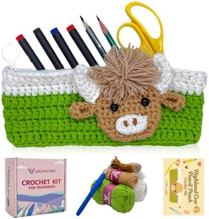 Highland Cow Crochet Kit for Beginners, Learn to Crochet Pencil Bag Starter Set with Video Tutorial & Crocheting Manual, Easy Yarn Knitting Kit for Adult, DIY Amigurumi Birthday Xmas Gift Idea by LOLCROCHET