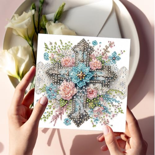 6 Pcs Diamond Painting Greeting Cards Kit Cross Rose Flowers with Envelopes, 5D DIY Special Shaped Rhinestone Art Card Making Kits for Adults, Holiday Blessing Postcards, Creative Craft Gifts - Image 7