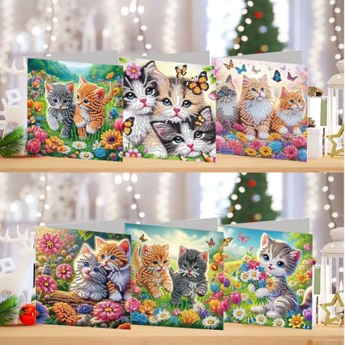 jinglinhh 6pcs Garden Cat Butterfly Sunflower Tulip Flowers Diamond Art Painting Greeting Cards with Envelopes, DIY Card Making Kits for Adults, Diamond Art Postcards Christmas Cards Craft Gifts - Image 4