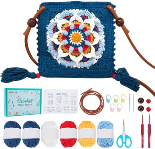 FREEBLOSS Crochet Kit for Beginners Mandala Pattern Crochet Bag Crochet Bag Starter Kit Square Crochet Tote Bag Set Knitting Kit with Step-by-Step Video Tutorials Adult Crafts Projects by FreeandCreativeCraftsArt