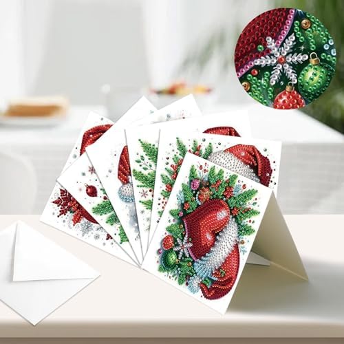 antor 6 Pack 5D Christmas Diamond Painting Cards, Heart Design with Santa Hat DIY Diamond Art Cards with Envelopes, Handmade Rhinestone Valentine’s Day Greeting Card Set for Adults - Image 4