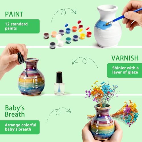 Mini Pottery Wheel for Kids - Fingertip Pottery Painting Craft Kit with 2.3in Turntable, Clay and Flowers, Mess Free Arts & Crafts Toys Birthday Christmas Gift for Girls Boys 6 7 8 9 10 11 12+, Green - Image 4