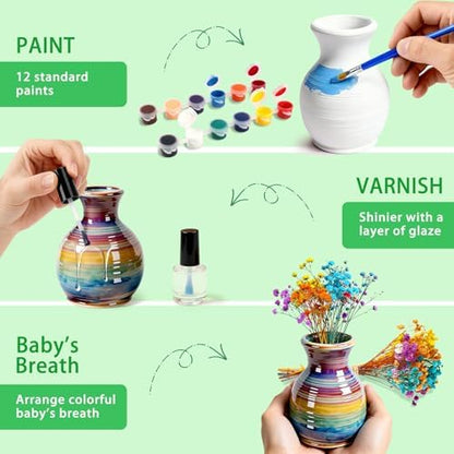 Mini Pottery Wheel for Kids - Fingertip Pottery Painting Craft Kit with 2.3in Turntable, Clay and Flowers, Mess Free Arts & Crafts Toys Birthday Christmas Gift for Girls Boys 6 7 8 9 10 11 12+, Green - Image 4