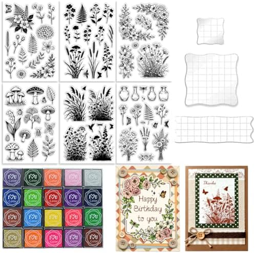 6Pcs Wildflower Clear Stamps for Card Making, 20 Ink Pad by GLASSWINDS