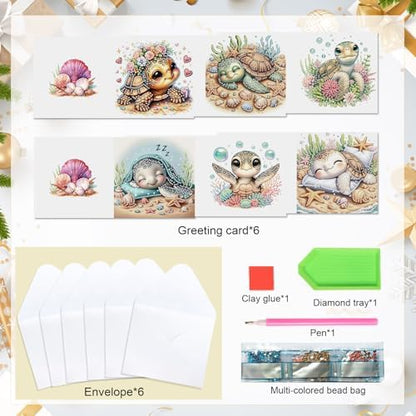 antor 6 pcs Diamond Art Painting Greeting Card Kits, Animal Cute Turtle Design Irregular Shapes Diamond Art Fine Glitter Greeting Cards with Envelopes, Clay Glue, Pen, and Bead Bag for Creative Gifts - Image 2