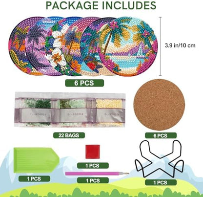 EWJRNSF 6 PCS Ocean Beach Diamond Art Coasters Kit with Holder for Adults - Image 2