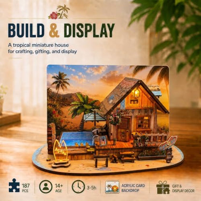 LED 3D Wooden Puzzle for Adults, DIY Miniature Hawaiian Beach House,Decor - Image 3