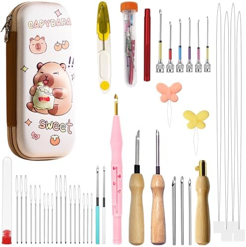 HYINUS 43Pcs Punch Needle Kit for Adult Beginners, Adjustable Punch Needle Tool with Different Size Needles & Capybara Storage Case, Wooden Handle Embroidery Pen Set for Gifts, Decor & DIY Craft by HYINUS