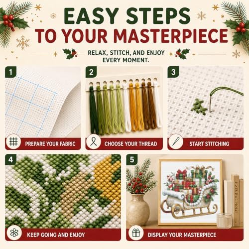 AuraDraw Christmas Stamped Cross Stitch Kits - Christmas Sled Counted Cross Stitch Kits for Beginners, Cross-Stitch Patterns Dimensions Needlecrafts Embroidery Kits Arts and Crafts - Image 5