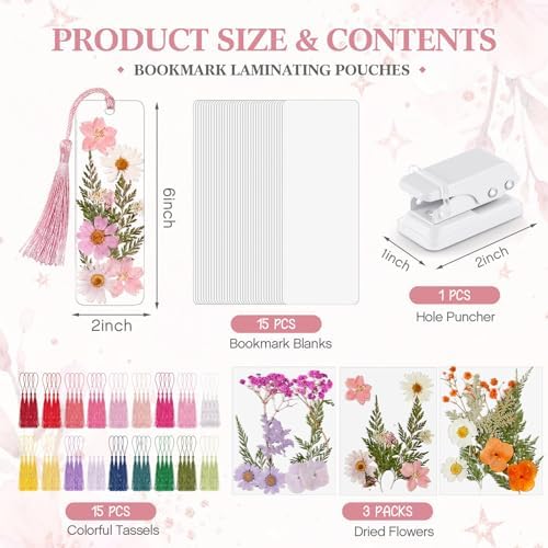 Fuyoooo 61 Pcs Pressed Flower Bookmark Kit,Pink Orange Purple,2 x 6 Inch - Image 2