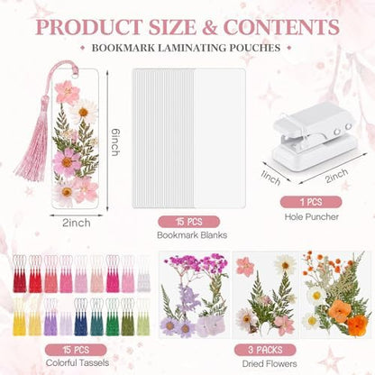 Fuyoooo 61 Pcs Pressed Flower Bookmark Kit,Pink Orange Purple,2 x 6 Inch - Image 2
