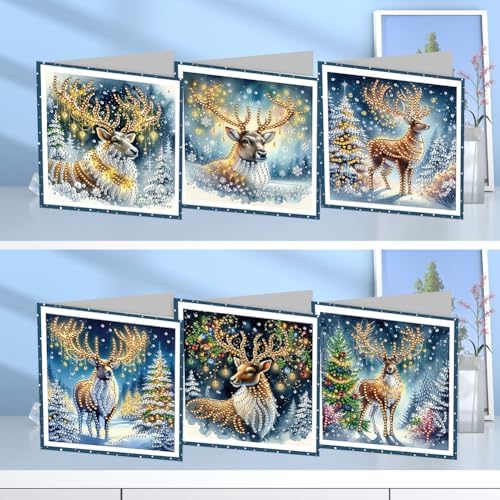 6 Pcs Christmas Tree Diamond Painting Greeting Cards Kit for Adults - DIY Snow Reindeer Rhinestone Art Cards with Envelopes, Xmas Gem Craft Set for Holiday Gifts, Party Favors, Winter Wishes - Image 2