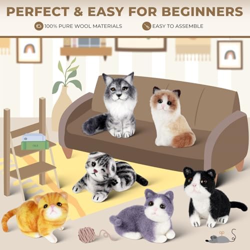 MOREJMTT Needle Felting Kit, 6 PCS Animal Needle Felting Beginner Kits, Wool Felt Needle Felting Tools Foam Pad, Craft Party Supplies for Beginners Adult(Cat Family) - Image 4