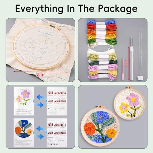Fvbber Punch Needle Kits Adults Beginner, 2 Pcs DIY Easy Flower Embroidery Set with Patterns, Tools, Yarns, Hoop, Instruction for Home Decor, Craft Gift (Flower 1 - Image 2