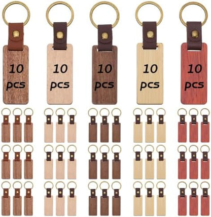 50 PCS Leather Wood Keychain Blanks 5 Colors Unfinished Wooden Keychains Rectangular Shape Wood Keychains Blanks for Engraving DIY Crafts Personalized Gifts by ACRNIGHEET
