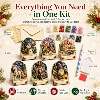 Diamond Art Christmas Cards 6 Pack, 5D DIY Gem Greeting Kits with Envelopes - Image 3