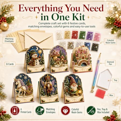 Diamond Art Christmas Cards 6 Pack, 5D DIY Gem Greeting Kits with Envelopes - Image 3