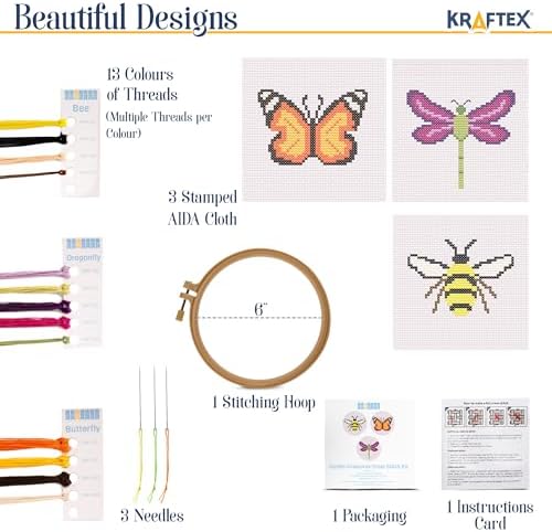 Kraftex Floral Stamped Cross Stitch Kits for Beginners - 3 Pack. DIY Embroidery Needlepoint Patterns for Adults. Easy Cross Stitch Kits for Beginners (Garden Creatures) - Image 2