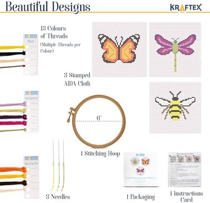 Kraftex Floral Stamped Cross Stitch Kits for Beginners - 3 Pack. DIY Embroidery Needlepoint Patterns for Adults. Easy Cross Stitch Kits for Beginners (Garden Creatures) - Image 2