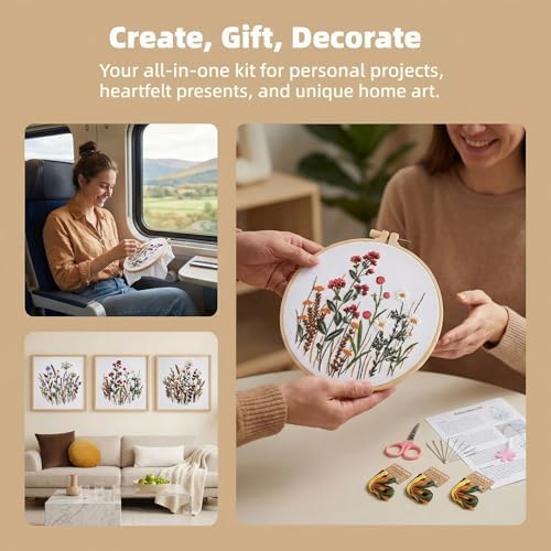 Herdiese Embroidery Kit for Beginners with 3 Floral Patterns - Image 4