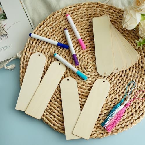 SWATOM Wood Bookmarks Blank DIY Semicircle Wooden Bookmark Craft Bulk 30 PCS Unfinished Wood Tags Ornaments with Holes and Tassels for Wedding Party Birthday Decoration - Image 5