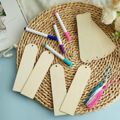 SWATOM Wood Bookmarks Blank DIY Semicircle Wooden Bookmark Craft Bulk 30 PCS Unfinished Wood Tags Ornaments with Holes and Tassels for Wedding Party Birthday Decoration - Image 5