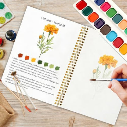 12 Months of Flowers Watercolor Set, Birth Flower Painting Book, DIY Art Kit for Beginners, Relaxing Floral Gift for Women & Adults, Stress Relief Watercolor Workbook - Image 5