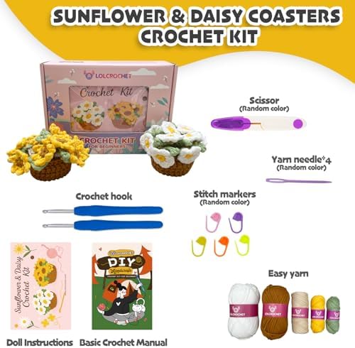 Crochet Kit for Beginners, Learn Crochet Flower Coaster Kit, Include Video Tutorial & Manual, Easy Knitting Yarn for Adult Amigurumi, DIY Holiday Birthday Gift Idea(Sunflower & Daisy) - Image 3