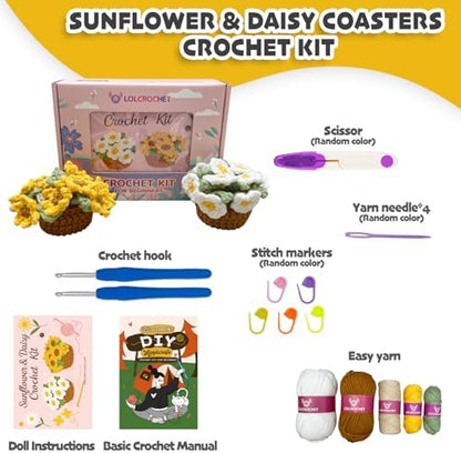 Crochet Kit for Beginners, Learn Crochet Flower Coaster Kit, Include Video Tutorial & Manual, Easy Knitting Yarn for Adult Amigurumi, DIY Holiday Birthday Gift Idea(Sunflower & Daisy) - Image 3
