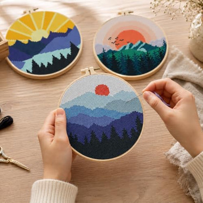 3 Pack Landscape Stamped Cross Stitch Kits for Beginners,with Hoop 8x8in - Image 7
