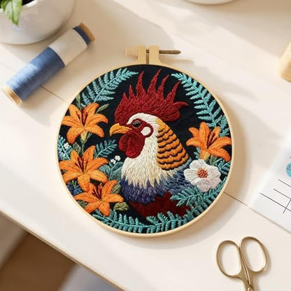 FRANDEK DIY Flower Rooster Stamped Embroidery Kit with Hoop for Adults - Image 5