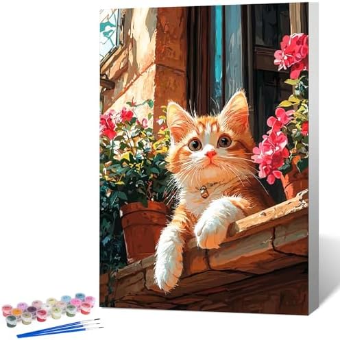 Okarina Framed Paint by Numbers Kit for Adults, Ginger Cat Decor 8x12 Inch by Okarina