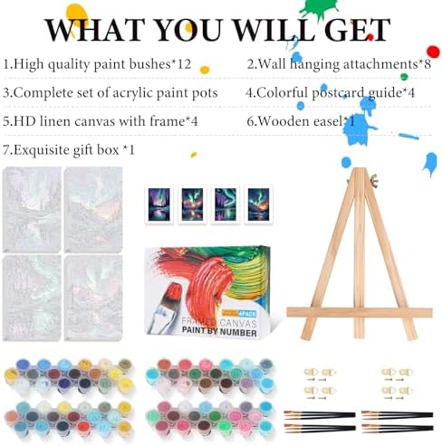 4 Pack Framed Paint by Numbers Kit for Adults Aurora with Wooden Easel - Image 4