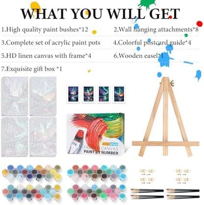 4 Pack Framed Paint by Numbers Kit for Adults Aurora with Wooden Easel - Image 4