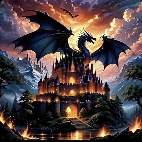 Dragon Stamped Cross Stitch Kits for Beginners Adults, Castle Dimensions Needlepoint Art Crafts,Counted Cross Stitch Kits Embroidery Kits for Beginners Adults for Home Decor 13.8X13.8inch by Unknown
