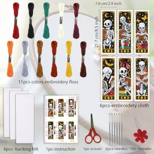 ORIGACH 6 Set Gothic Reading Skeleton Cross Stitch Bookmark Kit - Image 2