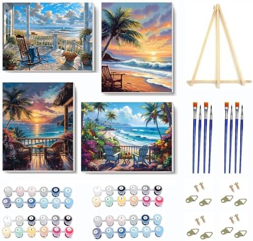 VIGEGU 4 Pack Landscape Paint by Numbers Kit for Adults with Framed,Beach Paint by Number with Wooden Easel DIY Acrylic Oil Painting,for Wall Decor 9x12inch by VIGEGU