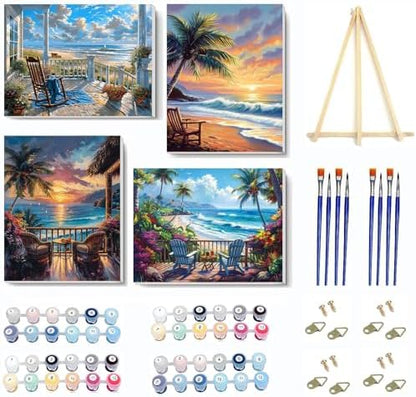 VIGEGU 4 Pack Landscape Paint by Numbers Kit for Adults with Framed,Beach Paint by Number with Wooden Easel DIY Acrylic Oil Painting,for Wall Decor 9x12inch by VIGEGU