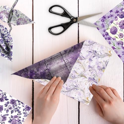 Purple Scrapbook Paper Vintage Flower Pattern Papers Pad 12×12,24 Sheets Double-Sided Spring Purple Floral Scrapbooking CardStock Paper Pad for Holiday Cardmaking DIY Junk Journal Papers. - Image 3