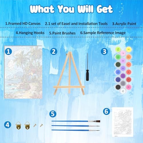 MAXBYE Paint by Numbers Kit for Adults with Frame and Wooden Easel, Easy Beach Landscape Painting Numbers Art Kits on Canvas, DIY Acrylic Painting Kit for Gift Home Wall Garden Decor 10×14 in - Image 6