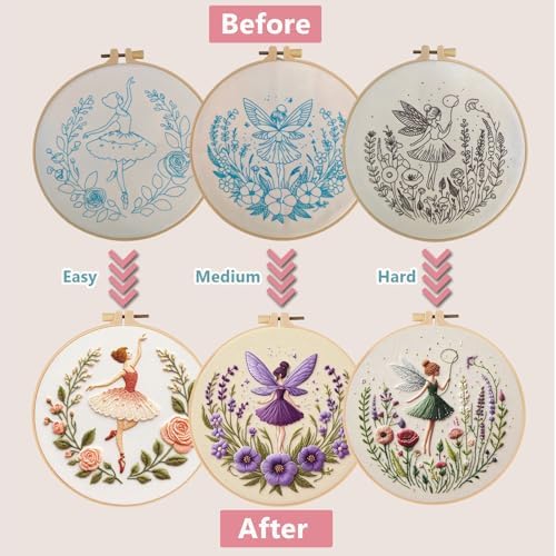 Embroidery Kit for Adults, Pre-Stamped Pattern Embroidery Kit for Beginners, Needlepoint Starter Kit with Hoop Thread Needle Instruction, 7.9'' Hoop (Flower Fairy 3 Packs) - Image 2