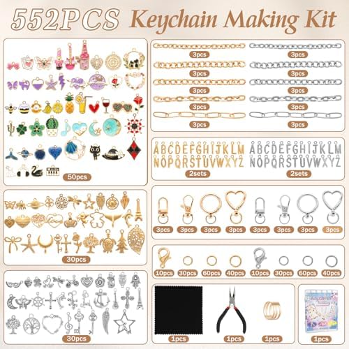 Zefy 552Pcs Charms Lipgloss Keychain Making Kit, DIY Bag Charm Gold Silver - Image 2
