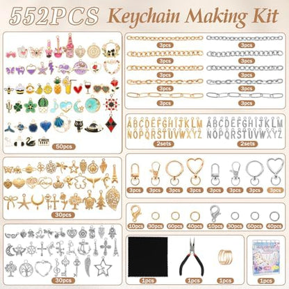 Zefy 552Pcs Charms Lipgloss Keychain Making Kit, DIY Bag Charm Gold Silver - Image 2