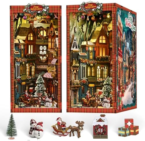 DIY Miniature House Kit, Mini House Building Kit, DIY Book Nook Kit, Tiny Model House for Adults to Build, Beginner 3D Wooden Book Nook, for Family Friends (Christmas Corner) by JCSY