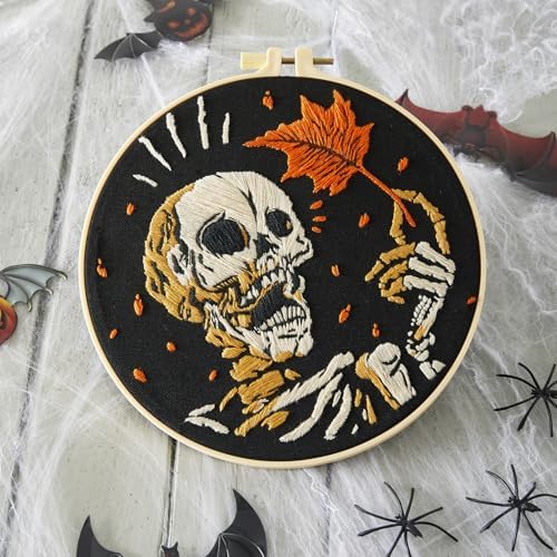 Crafmanoe Halloween Gothic Embroidery Starter Kit for Beginners Adults, Skull Skeleton Stamped Cross Stitch Kits for Beginners Adults, Funny Fall Hand Embroidery Needlepoint Kits with Video Tutorial - Image 7